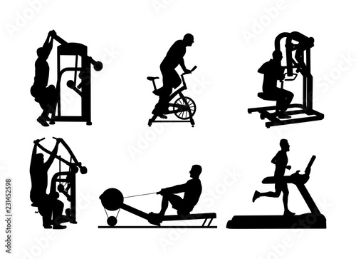 Sport man exercises on gym fitness machine vector silhouette. Pressure for chest, legs. Pull down, stretching, worming up activity. Cardio bike. Cable Row. Jump rope skipping. Treadmill run training.