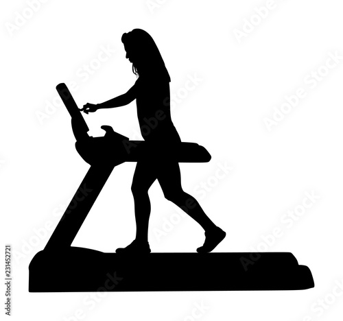 Sport woman running on a treadmill in gym vector silhouette. Girl on running track cardio training. Fitness lady personal trainer workout. Exercise on simulator. Gymnastic activity indoor.