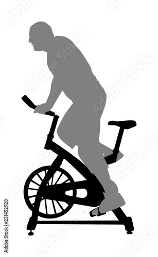 Man work out on exercise bike vector silhouette. Biking in gym cardio training. Indoor cycling bikes worming up. Sport boy losing weight.  Fitness instructor. Personal trainer riding stationary bike