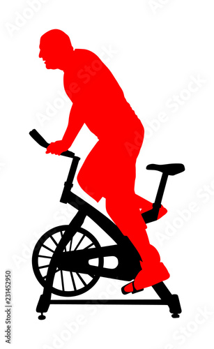 Man work out on exercise bike vector silhouette. Biking in gym cardio training. Indoor cycling bikes worming up. Sport boy losing weight.  Fitness instructor. Personal trainer riding stationary bike