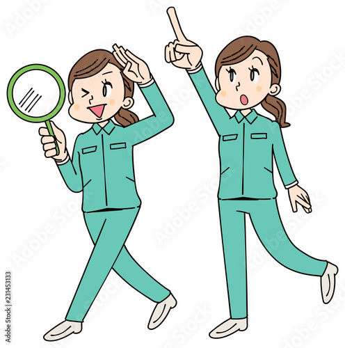 作業着を着ている女性 ポーズ