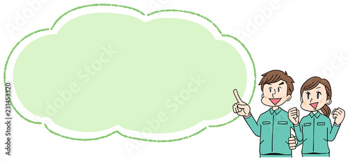 作業着を着た男女グループ ふきだし