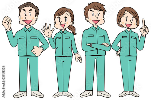 作業着を着た男女のグループ