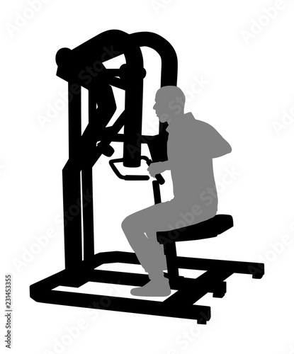 Sport man exercises in gym on fitness machine vector silhouette isolated on white. Multi functional gym equipment. Pressure for chest, legs, arms and shoulders. Pulldown, stretching, worming activity.