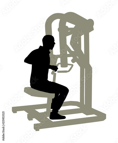 Sport man exercises in gym on fitness machine vector silhouette isolated on white. Multi functional gym equipment. Pressure for chest, legs, arms and shoulders. Pulldown, stretching, worming activity.