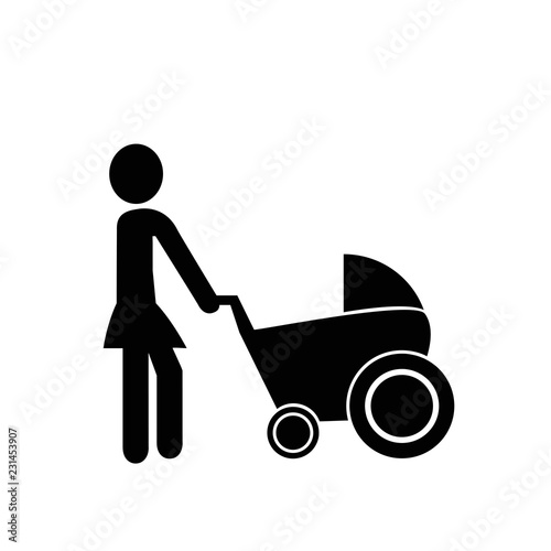 A pregnant mother with a stroller in a shopping mall.