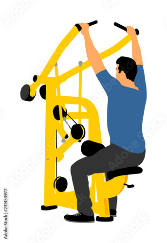 Sport man exercises in gym on fitness machine vector isolated on white background. Multi functional gym equipment. Pressure for chest, legs, arms and shoulders. Pulldown, stretching, worming activity.