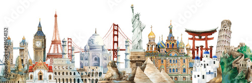 Collection of architectural landmarks painted by watercolor photo