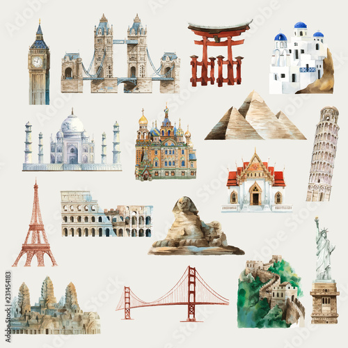 Collection of architectural landmarks around the world watercolor illustration