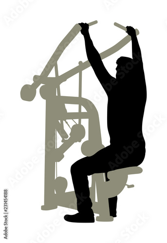 Sport man exercises in gym on fitness machine vector silhouette isolated on white. Multi functional gym equipment. Pressure for chest, legs, arms and shoulders. Pulldown, stretching, worming activity.