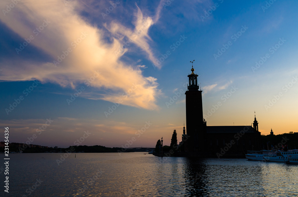 Stockholm City Hall Stadshuset tower at sunset, dusk, Sweden