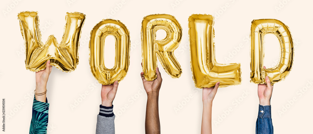 Fototapeta premium Hands showing world balloons word