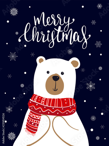 Polar Bear Scarf Cartoon with Christmas Festival and Snow Winter Vector.