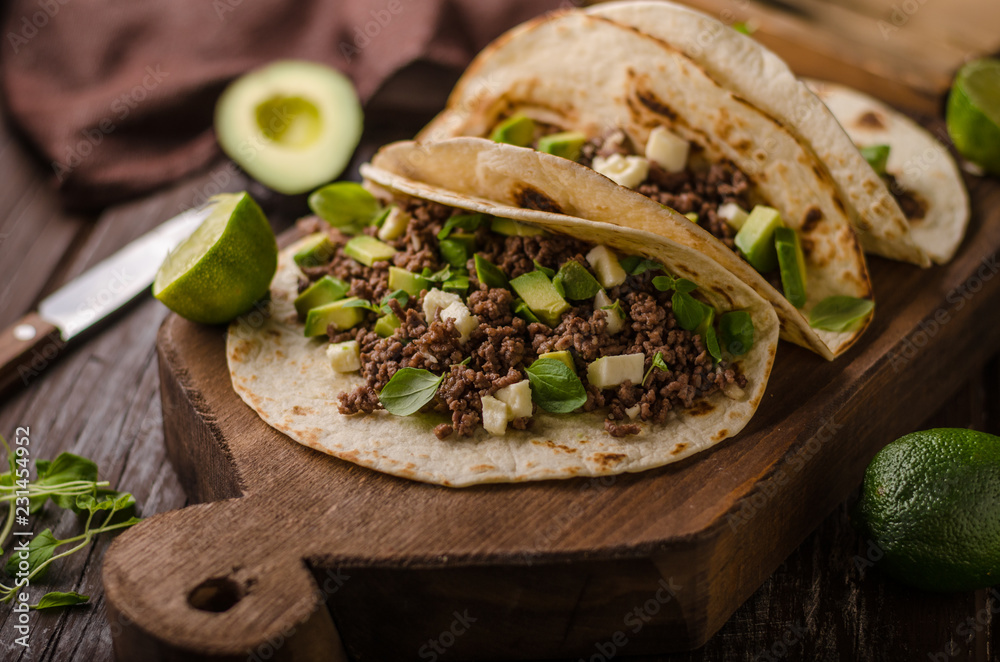 Homemade minced beef tortilla, fresh avocado and mozarella cheese Homemade minced beef tortilla, fresh avocado and mozarella cheese