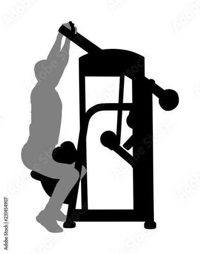Sport man exercises in gym on fitness machine vector silhouette isolated on white. Multi functional gym equipment. Pressure for chest, legs, arms and shoulders. Pulldown, stretching, worming activity.