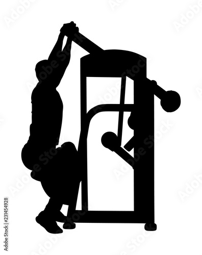 Sport man exercises in gym on fitness machine vector silhouette isolated on white. Multi functional gym equipment. Pressure for chest, legs, arms and shoulders. Pulldown, stretching, worming activity.