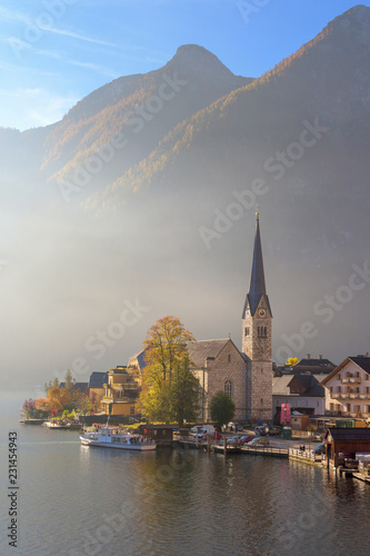 View of the Hallstatt from lake Hallstater See, Hallstatt village in Alps at dusk, Austria photo