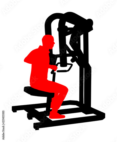 Sport man exercises in gym on fitness machine vector silhouette isolated on white. Multi functional gym equipment. Pressure for chest, legs, arms and shoulders. Pulldown, stretching, worming activity.