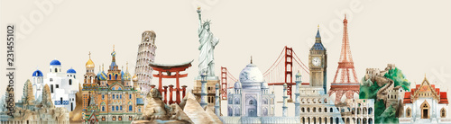 Collection of architectural landmarks painted by watercolor