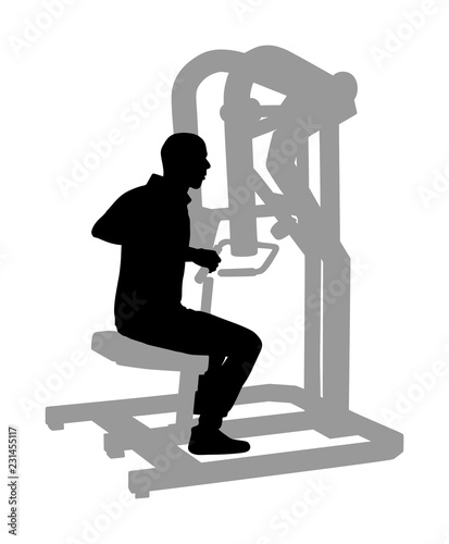 Sport man exercises in gym on fitness machine vector silhouette isolated on white. Multi functional gym equipment. Pressure for chest, legs, arms and shoulders. Pulldown, stretching, worming activity.