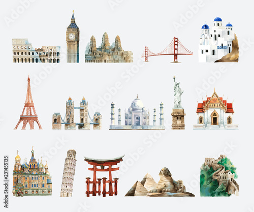 Collection of architectural landmarks painted by watercolor
