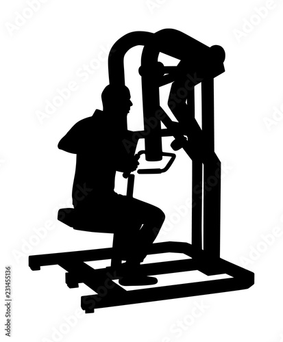 Sport man exercises in gym on fitness machine vector silhouette isolated on white. Multi functional gym equipment. Pressure for chest, legs, arms and shoulders. Pulldown, stretching, worming activity.
