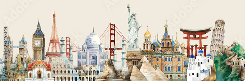 Collection of architectural landmarks painted by watercolor
