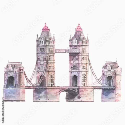 The London Tower Bridge painted by watercolor