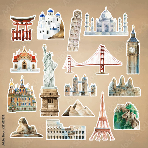 Collection of architectural landmarks painted by watercolor
