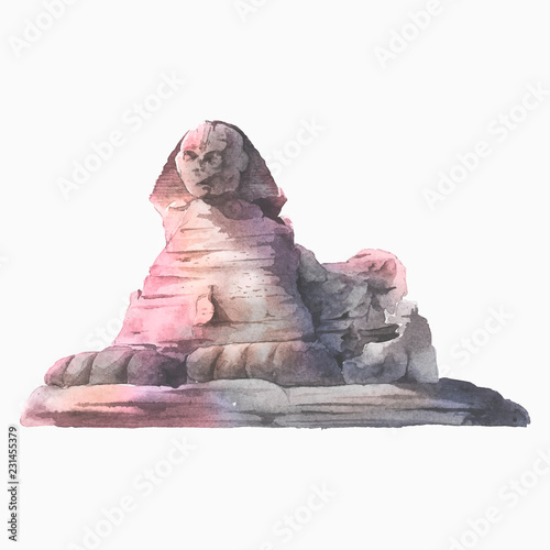 Egyptian sphinx in front of the pyramid of Giza watercolor illustration