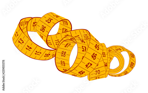 Yellow measuring tape vector isolated on white background. Spiral fashion tape measure vector illustration. Construction, engineering, repair concept. Fashion work instrument. Sartorial meter.