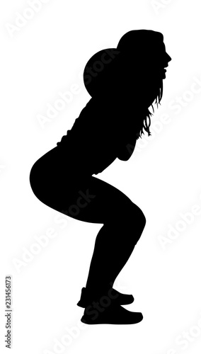 Sport bodybuilding. Young woman with barbell flexing muscles and making shoulder press squat in gym vector silhouette. Weightlifter, bodybuilder training. Personal trainer workout. Fit lady exercise