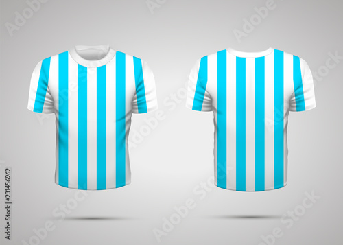 Realistic white sport t-shirt with blue stripes on gray