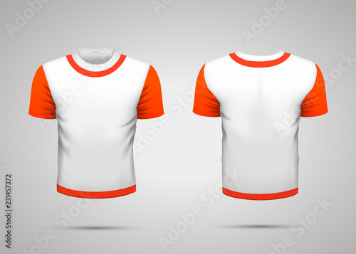 Realistic white sport t-shirt with red sleeves and collar from front and back on gray