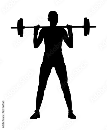 Sport bodybuilding. Young woman with barbell flexing muscles and making shoulder press squat in gym vector silhouette. Weightlifter, bodybuilder training. Personal trainer workout. Fit lady exercise