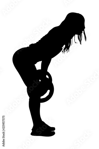 Sport bodybuilding. Young woman with barbell flexing muscles and making shoulder press squat in gym vector silhouette. Weightlifter, bodybuilder training. Personal trainer workout. Fit lady exercise