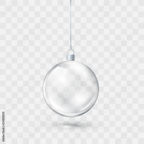Glass transparent Christmas ball. Xmas glass ball on transparent background. Holiday decoration template. Vector illustration