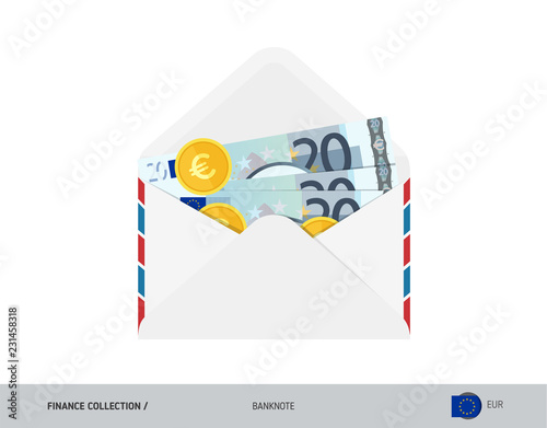 20 Euro Banknote. Flat style opened envelope with cash. Euro banknotes and coins. Salary payout or corruption concept.