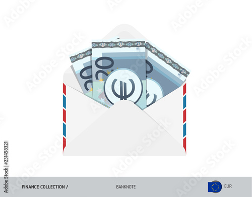 20 Euro Banknotes in envelope. Flat style opened white envelope with cash. Salary payout or corruption concept.