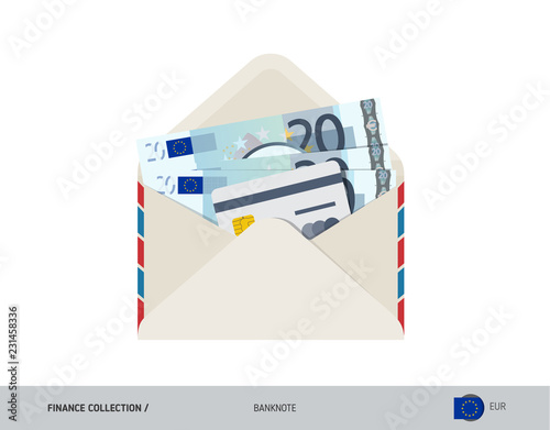 20 Euro Banknote. Flat style opened envelope with cash. Euro banknotes and credit card. Salary payout or bank transaction concept.