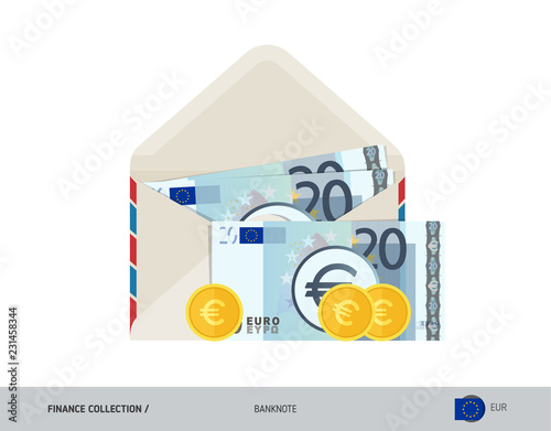 20 Euro Banknote. Flat style opened envelope with cash. Euro banknotes and coins. Salary payout or corruption concept.