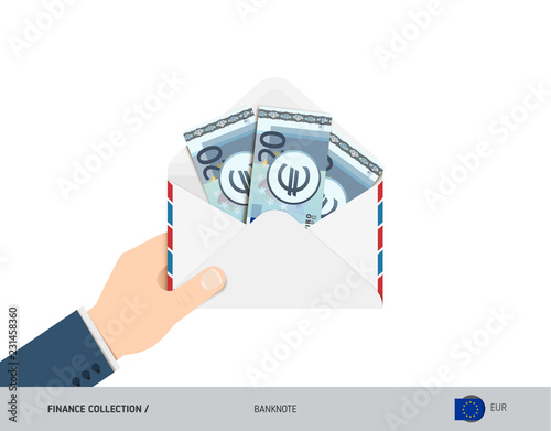 20 Euro Banknotes in envelope hold in hand. Flat style opened white envelope with cash. Salary payout or corruption concept.