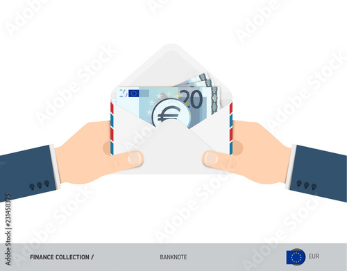 20 Euro Banknotes in envelope hold in hand. Flat style opened white envelope with cash. Salary payout or corruption concept.