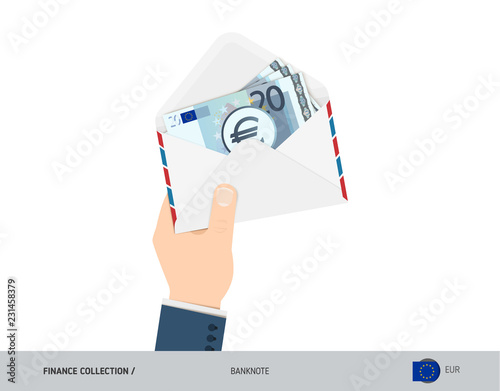 20 Euro Banknotes in envelope hold in hand. Flat style opened white envelope with cash. Salary payout or corruption concept.