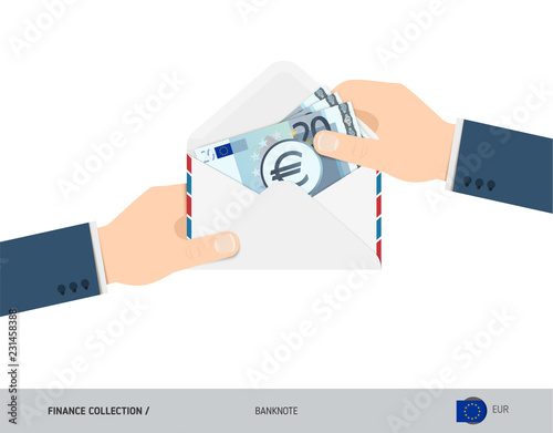 20 Euro Banknotes in envelope hold in hand. Flat style opened white envelope with cash. Salary payout or corruption concept.
