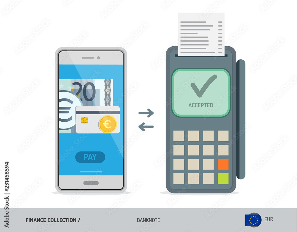POS Terminal with 20 Euro Banknote. Flat style vector illustration. Finance concept. POS Terminal with 20 Euro Banknote. Flat style vector illustration. Finance concept.