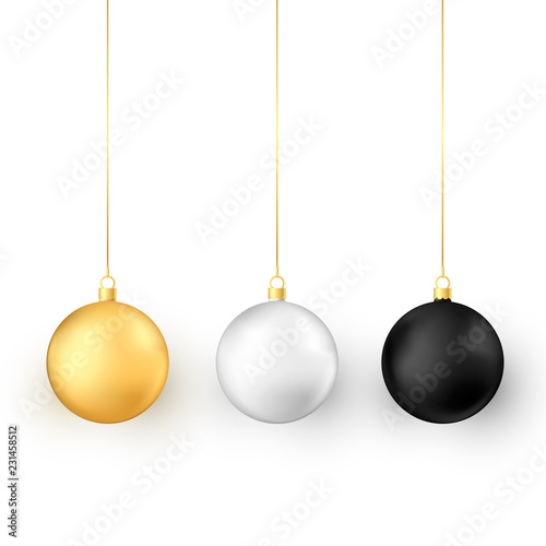 Set of Christmas balls. Realistic glossy xmas and new year tree decorations. Golden white and black traditional holiday realistic Christmas balls. Vector illustration