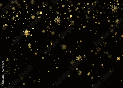 Golden snowfall. Holiday decoration background. New Year and Christmas pattern with golden snowflakes on black background. Vector illustration