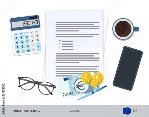 Business attributes with 20 Euro Banknote and coins. Flat style vector illustration. Corporate business concept.