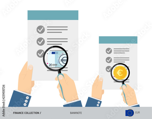 Search 20 Euro Banknote and coin. Flat style vector illustration. Favorable conditions concept.